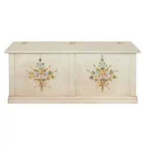 Cassapanca baule in legno Shabby chic ap bianco anticato decorato con fiori
