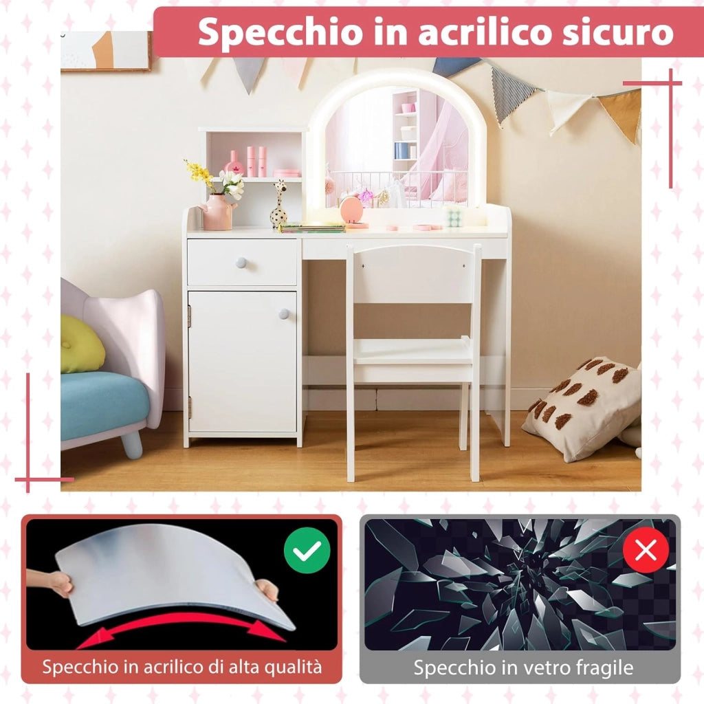 Toeletta Trucco 2 in 1 per Bambina, Specchiera per Ragazza in Legno con Mensole, Cassetto, Ripiani e Luci LED Regolabile, Postazione Trucco per 3 Anni, 80 x 40 x 94 cm (Bianco)