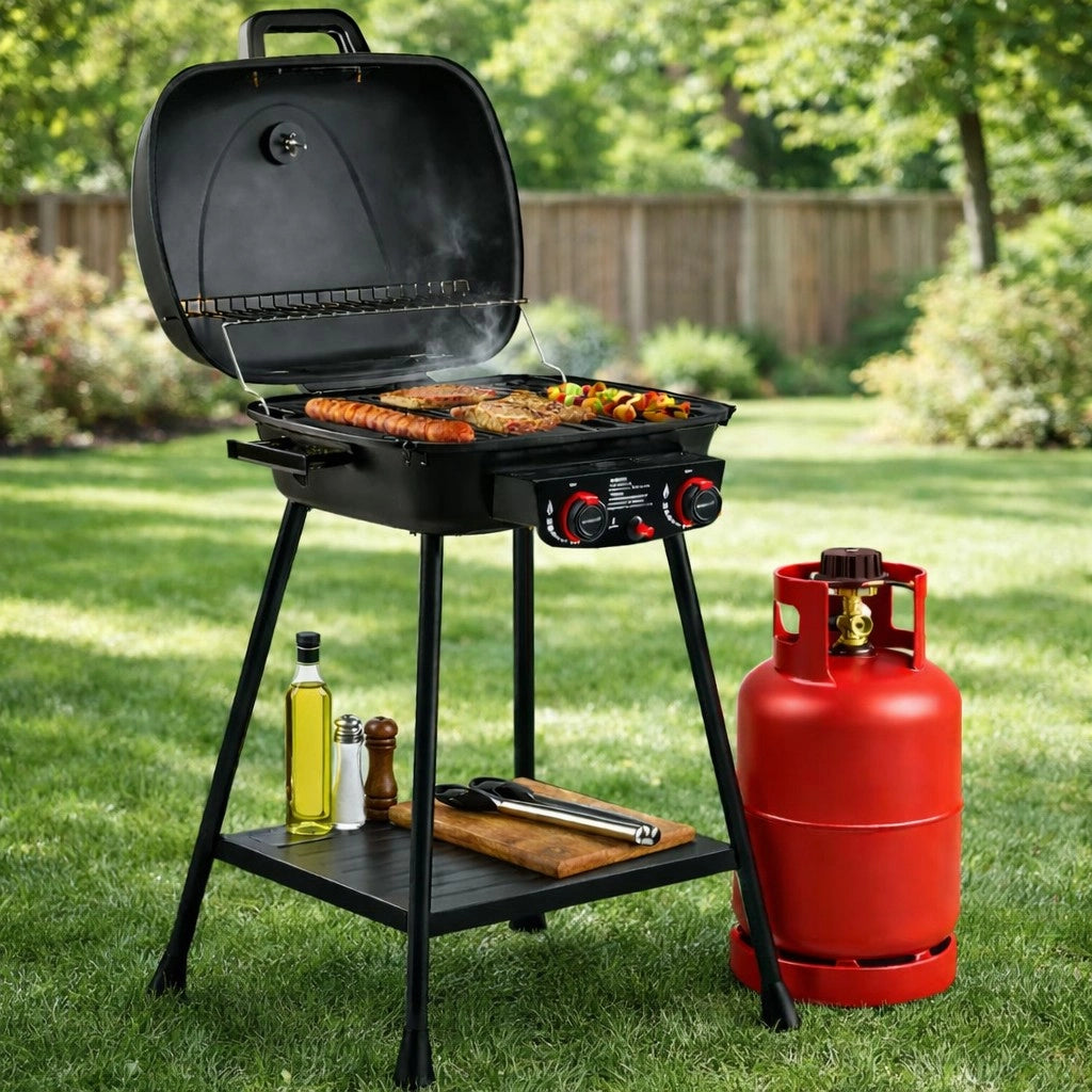 Barbecue a gas 2 fuochi bbq con accensione piezo e mensola portaoggetti con griglie in ghisa - compatto e stabile