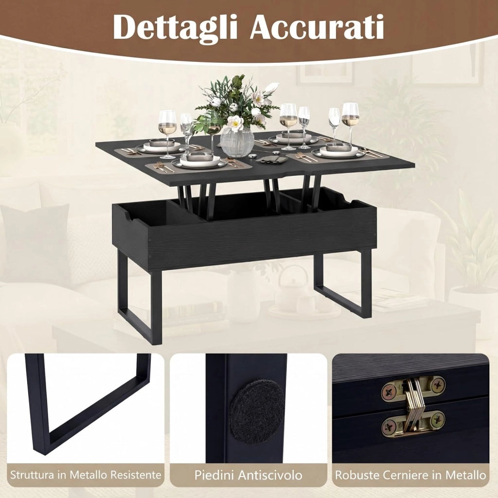 3 in 1 Tavolino da Salotto con Piano Sollevabile e Pieghevole, Tavolino Moderno Trasformabile in Tavolo da Pranzo in Legno con 3 Vani Nascosti, Ideale per Soggiorno e Ufficio (Nero)