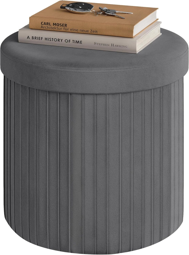 Pouf Sgabello con Contenitore Rotondo, Poggiapiedi per Divano, Pouf Basso Pieghevole, per Soggiorno, Camera da Letto, in Velluto, φ38xH36cm, Grigio Scuro
