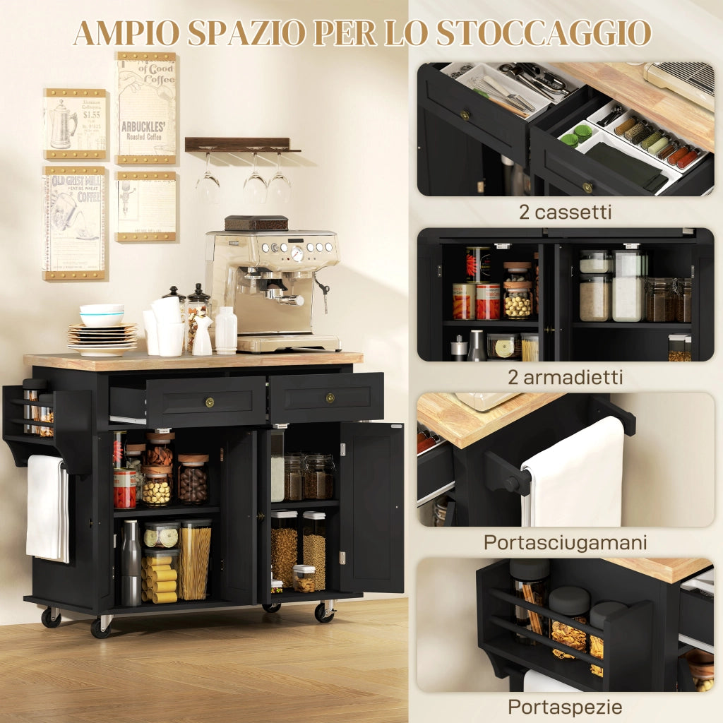 Carrello da Cucina con Ruote e Ripiani Regolabili ¨C zephmum ¨C Nero, Legno, 111x44.5x82.5 cm