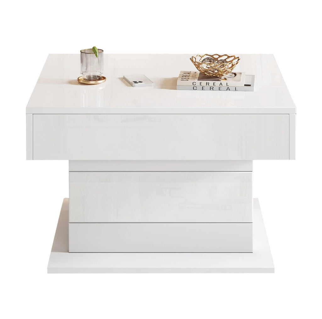 Tavolino da caffè quadrato 70x70x45 cm con piano sollevabile e rotazione 360°; bianco lucido