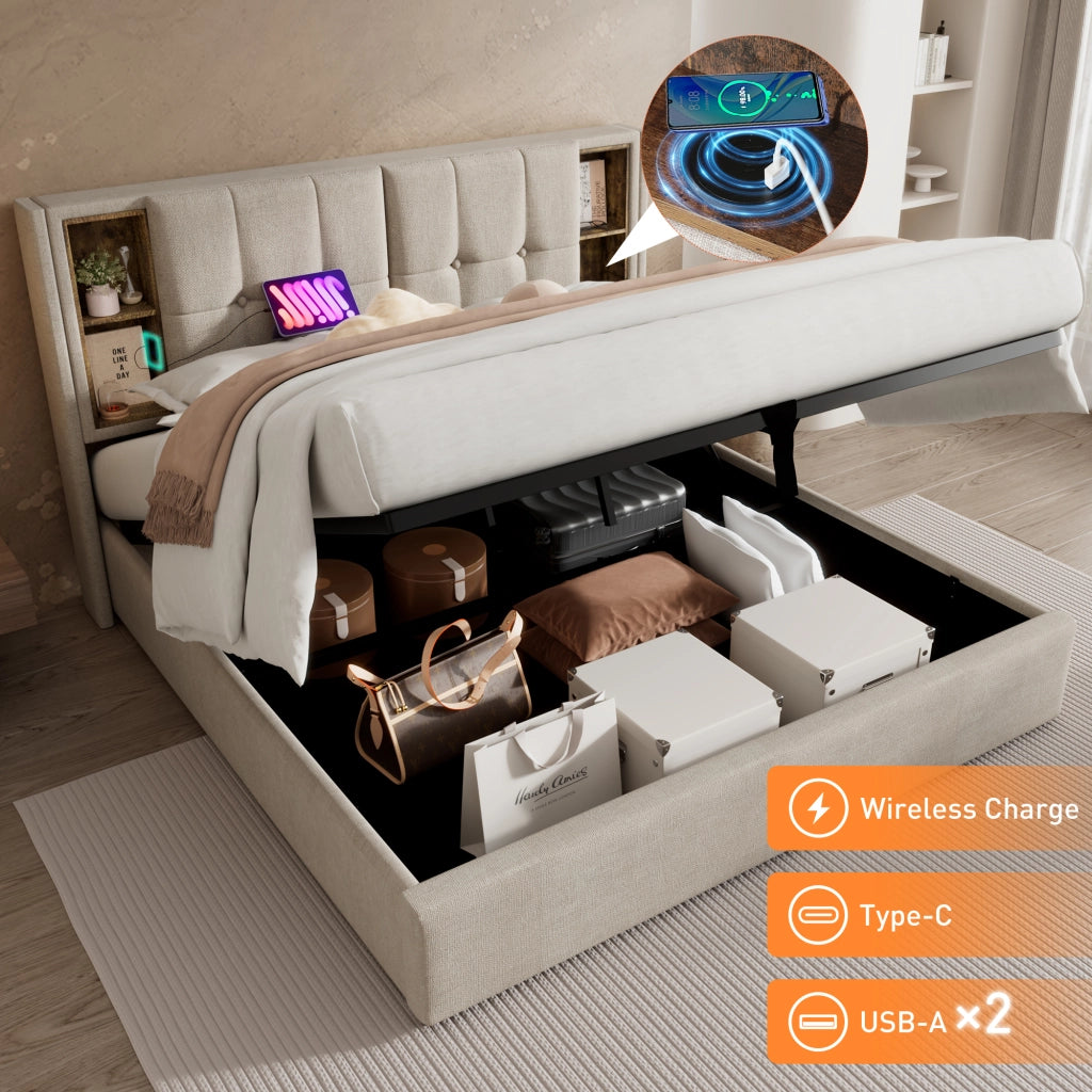 OKWISH Letto Contenitore 160×200 cm, Letto Matrimoniale con Ricarica Wireless, USB, Tipo C e Mensole, senza Materasso, in Lino, Naturale