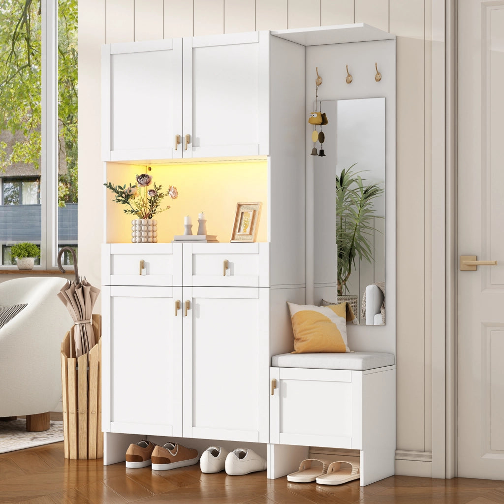 Mobile ingresso con 5 ante; 2 cassetti; 3 ganci; specchio e LED - in truciolato - 120×33.5×180 cm - bianco