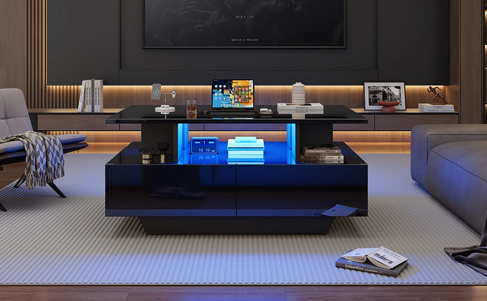 TAVOLINO DA SALOTTO 90x55x41 cm Nero in pannello di legno con LED e 2 cassetti