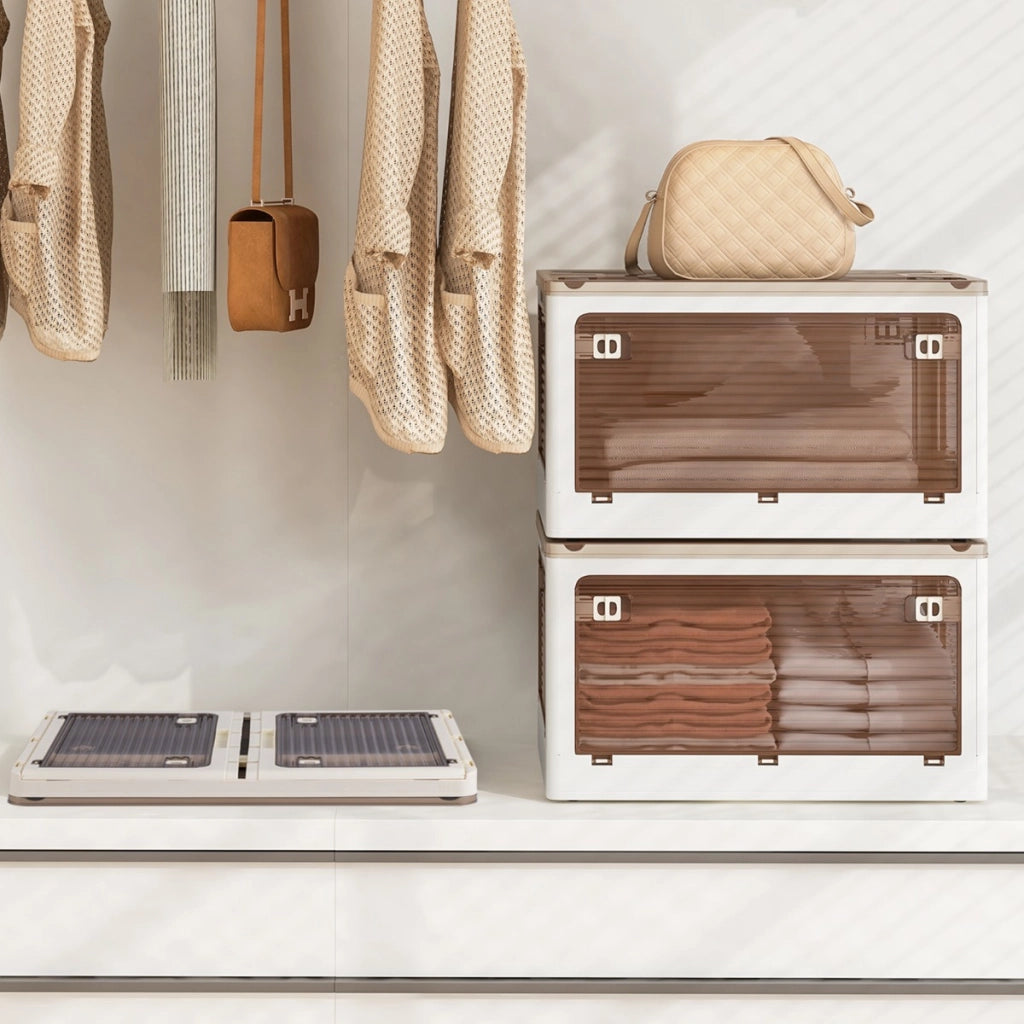 Set di 3 contenitori impilabili con coperchi-Contenitori pieghevoli in plastica da 132L con 5 modi di apertura Bianco