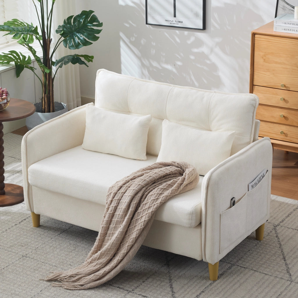Divano 2 posti ULEVR 127 cm in tessuto chenille beige con braccioli, tasche laterali e cuscini