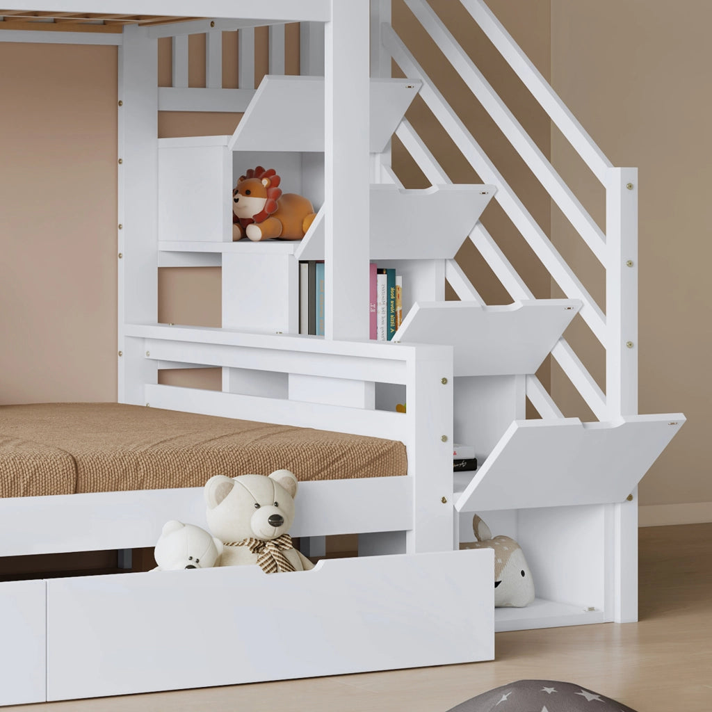 Letto a castello per bambini con 2 cassetti, scala ad angolo e finestre decorative