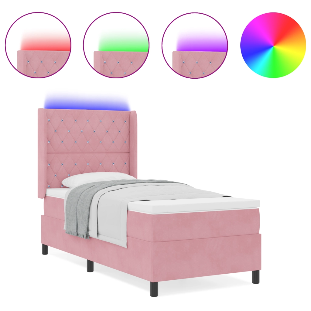 Letto Box Spring con Materasso e LED Rosa 90x200 cm Velluto