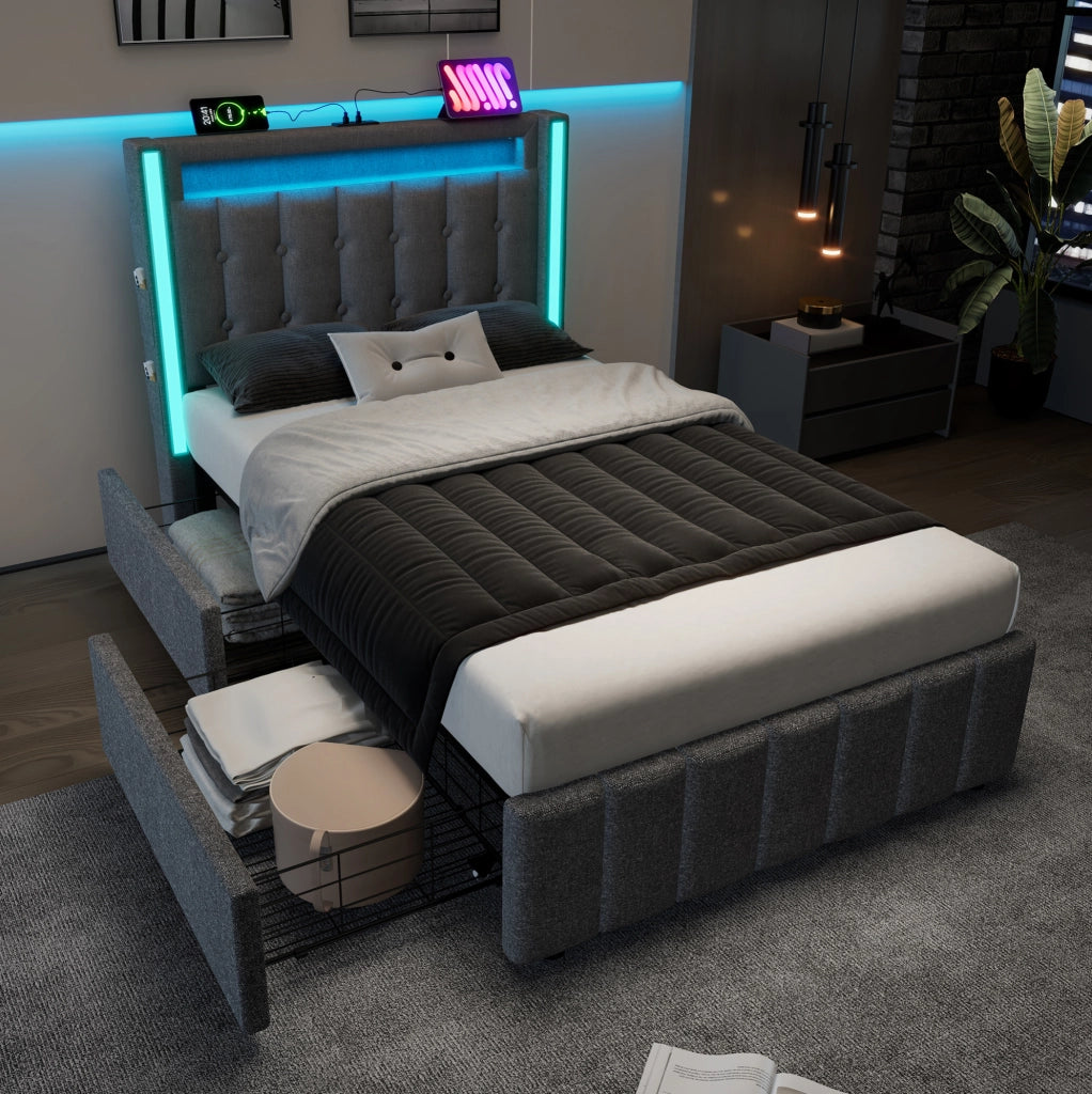 Letto contenitore 90x200 cm in lino grigio, USB Type-C, LED, senza materasso
