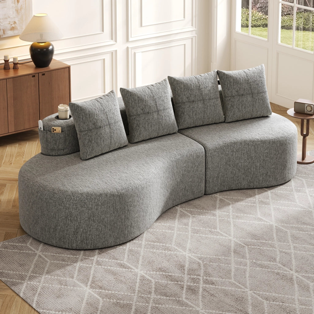Divano con tasche laterali e portabicchieri 4 cuscini in tessuto di lino grigio chiaro 240 × 109 × 60 cm