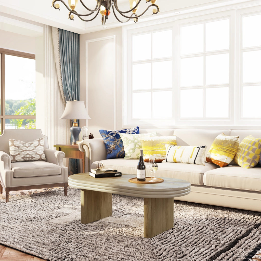 Tavolino da salotto ovale con piano ampio; per soggiorno; in MDF; 120 × 60 × 41.5 cm; naturale