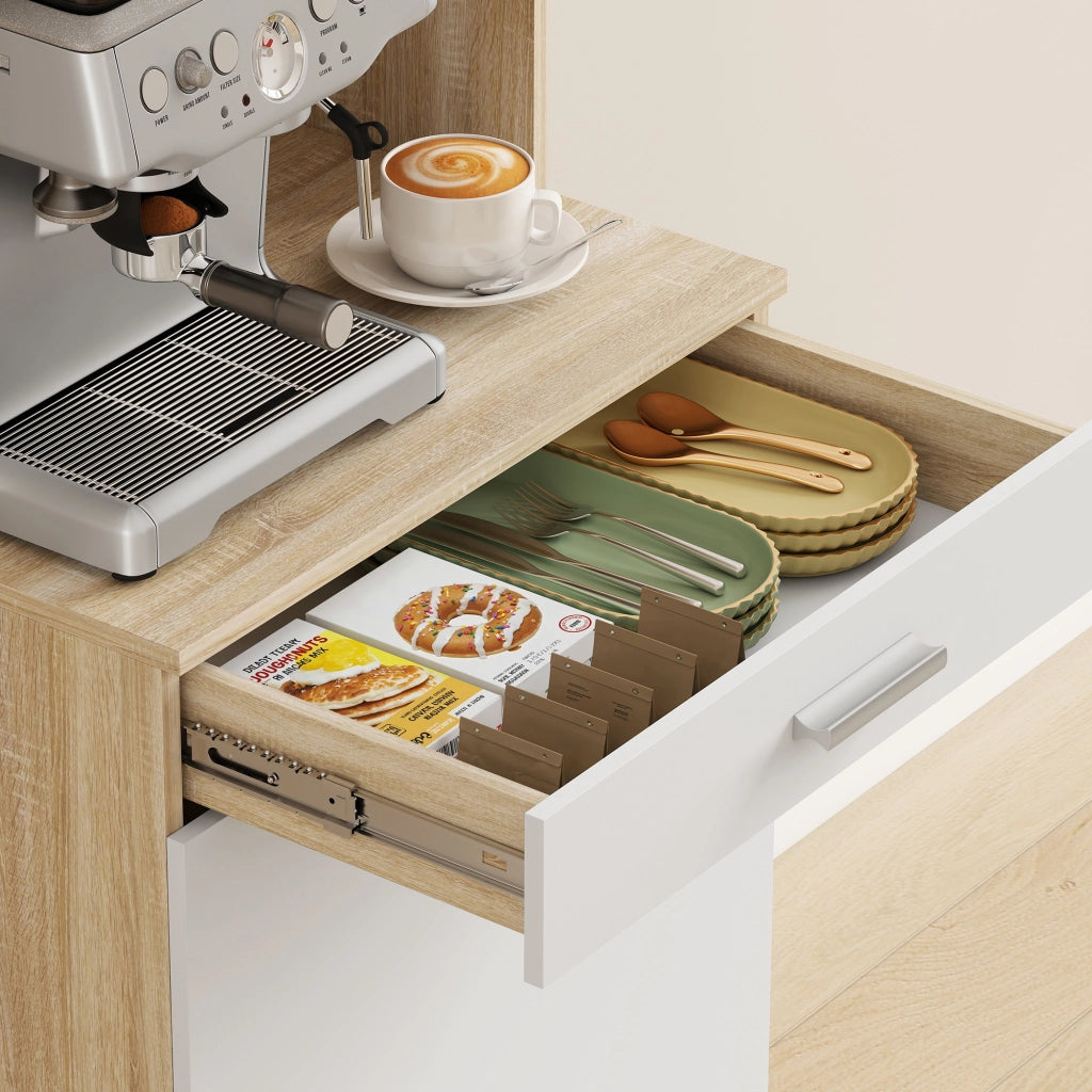 Credenza da Cucina 55x40x175 cm con Ripiani Aperti 2 Armadietti e Cassetto in Legno e Metallo Bianco e Legno