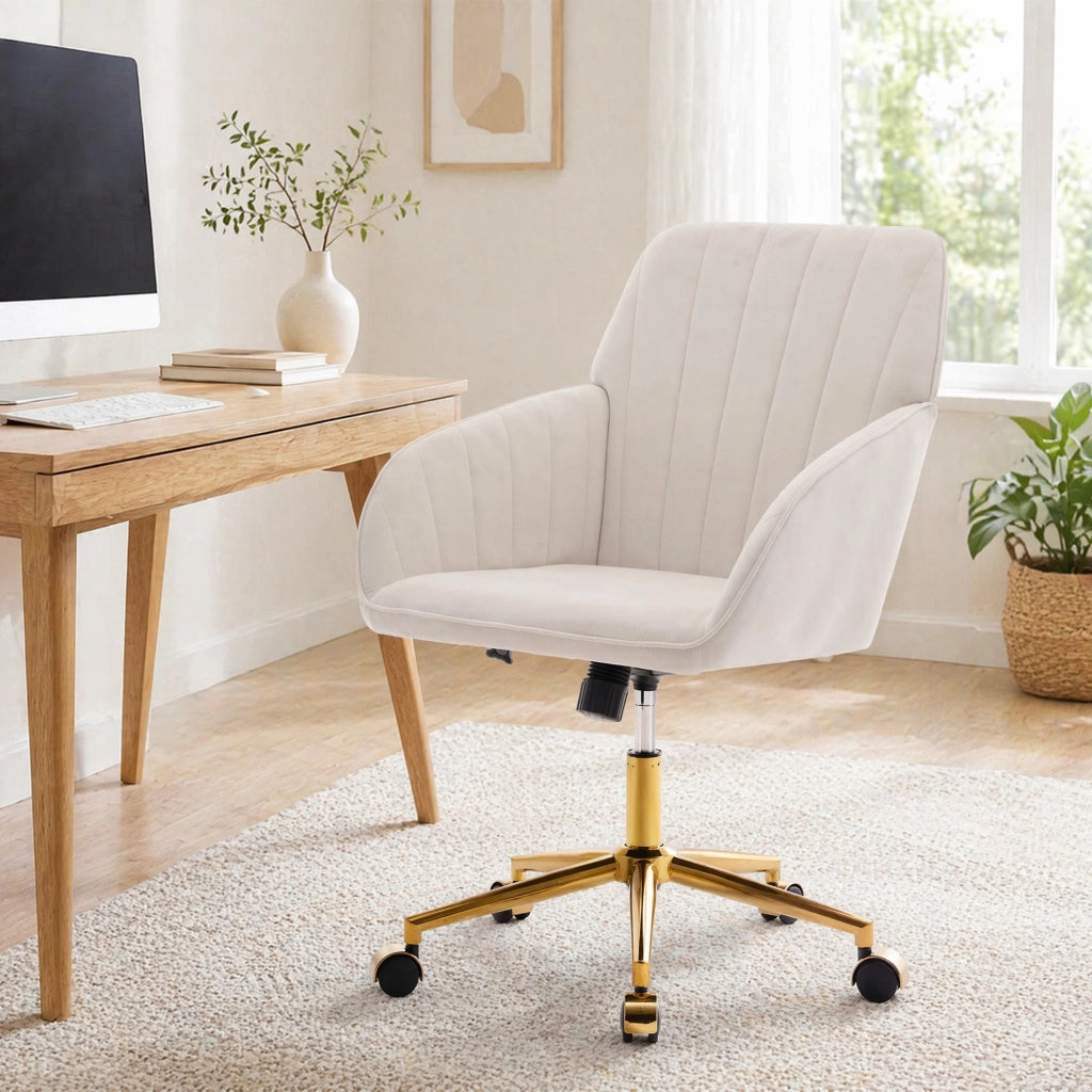 Sedia da ufficio girevole regolabile con schienale ergonomico e rotazione a 360 gradi in velluto bianco per casa