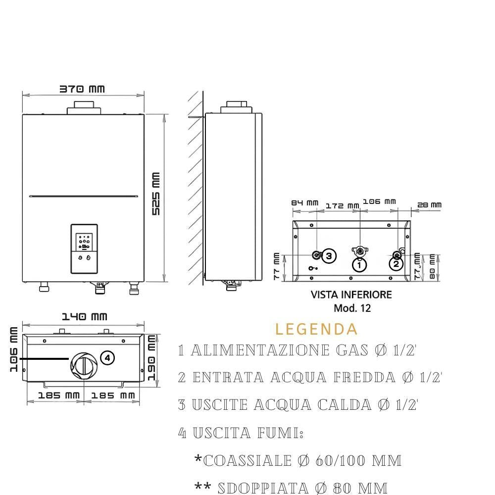 Ferroli scaldacqua gas low nox metano camera stagna tiraggio forzato *** capacità 12 litri, confezione 1