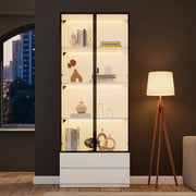 Vetrina 80x34x200 cm con LED - Xylo - 2 ante, 2 cassetti, struttura alluminio, bianco, per soggiorno