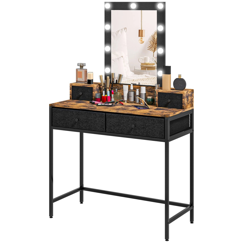 Cassettiera da trucco con specchio LED regolabile ¨C zephmum ¨C 4 cassetti in tessuto, metallo nero, finitura legno scuro