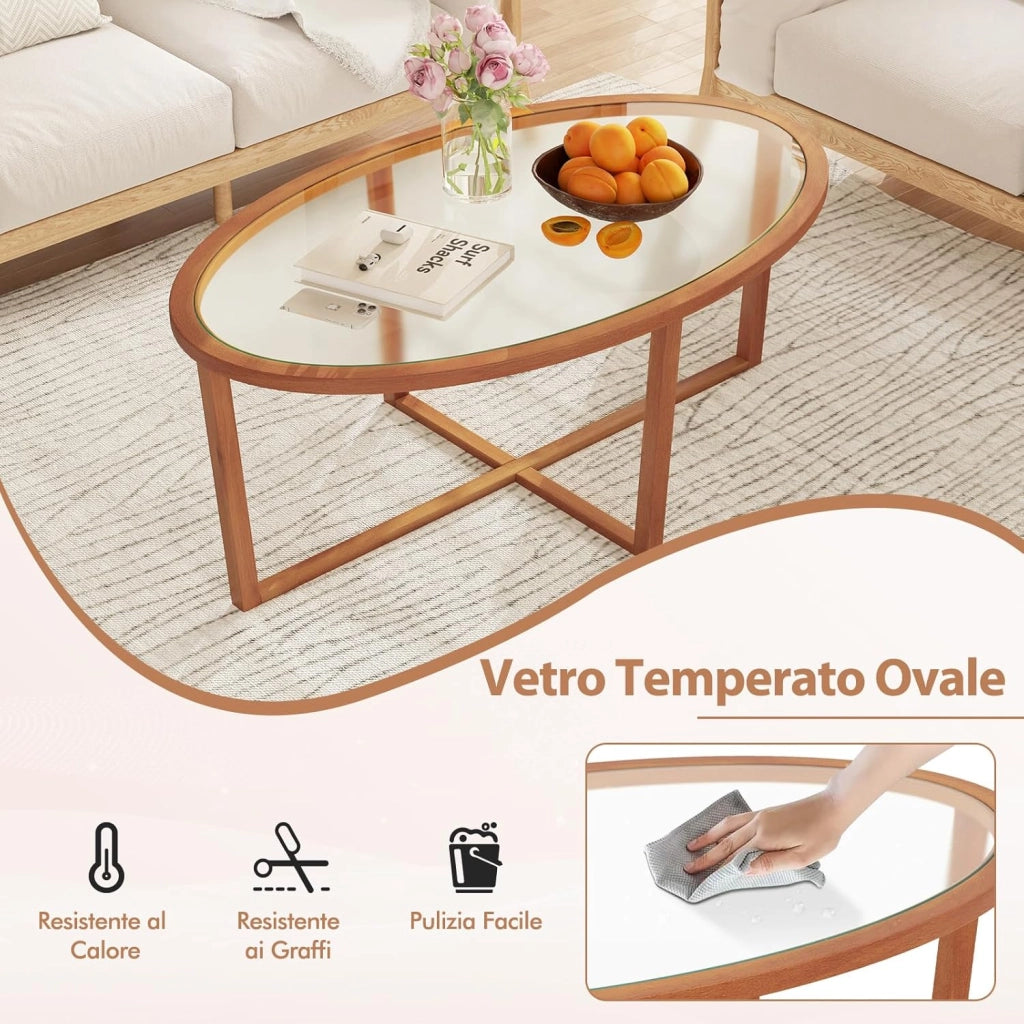 Tavolino da Caffè per Salotto, Tavolino Basso Ovale in Vetro Temperato e Legno di Acacia, Tavolino da Divano Moderno per Soggiorno, 118 x 71,5 x 47,5 cm, Naturale