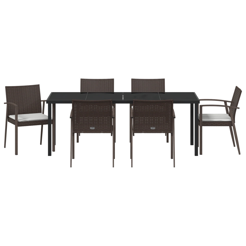 Set da pranzo da giardino 7 pezzi con cuscini in polirattan marrone