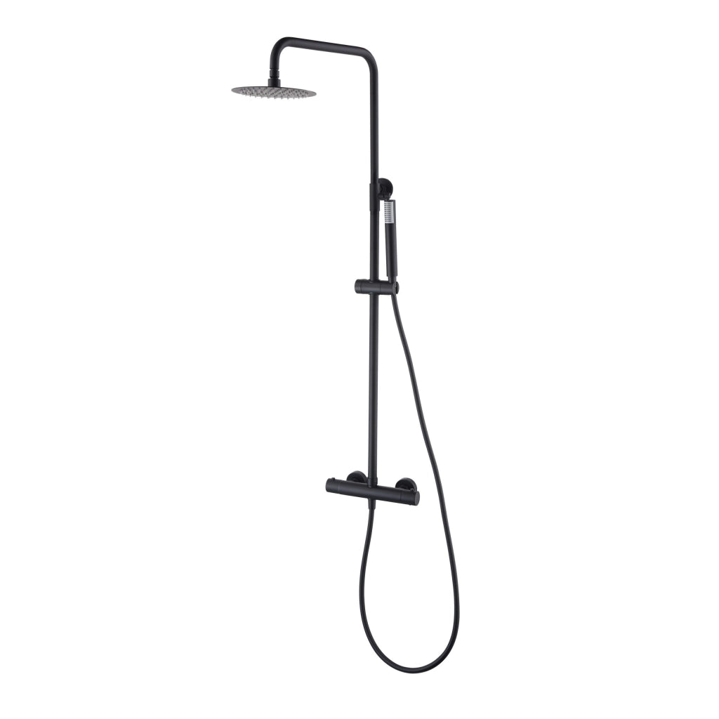 IMEX Colonna doccia termostatica Nero opaco Acciaio/Ottone, asta estensibile, soffione extra piatto Ø20 anticalcare, cartuccia TURN CLEAN SYSTEM, flessibile e maniglia, Monza Imex-BTM039-NG