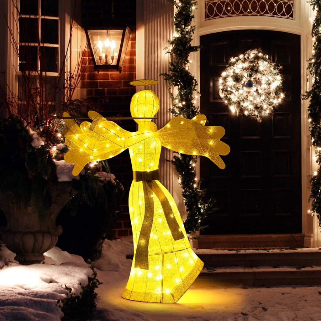 Angelo Natalizio Illuminato da Esterno, Decorazione Natalizia con 100 Luci LED, 4 Picchetti da Terra e 10 Fascette, per Giardino, Cortile e Prato