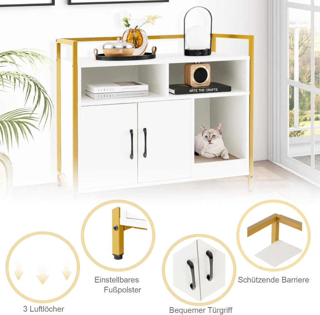 Mobile Lettiera per Gatti con 3 Ripiani Aperti e 2 Ante, Armadietto per Gatto in Legno, Grotta Rifugio con Grattatoio in Cartone Multiuso per Ingresso e Soggiorno (Bianco, 89 x 45 x 74,5 cm)