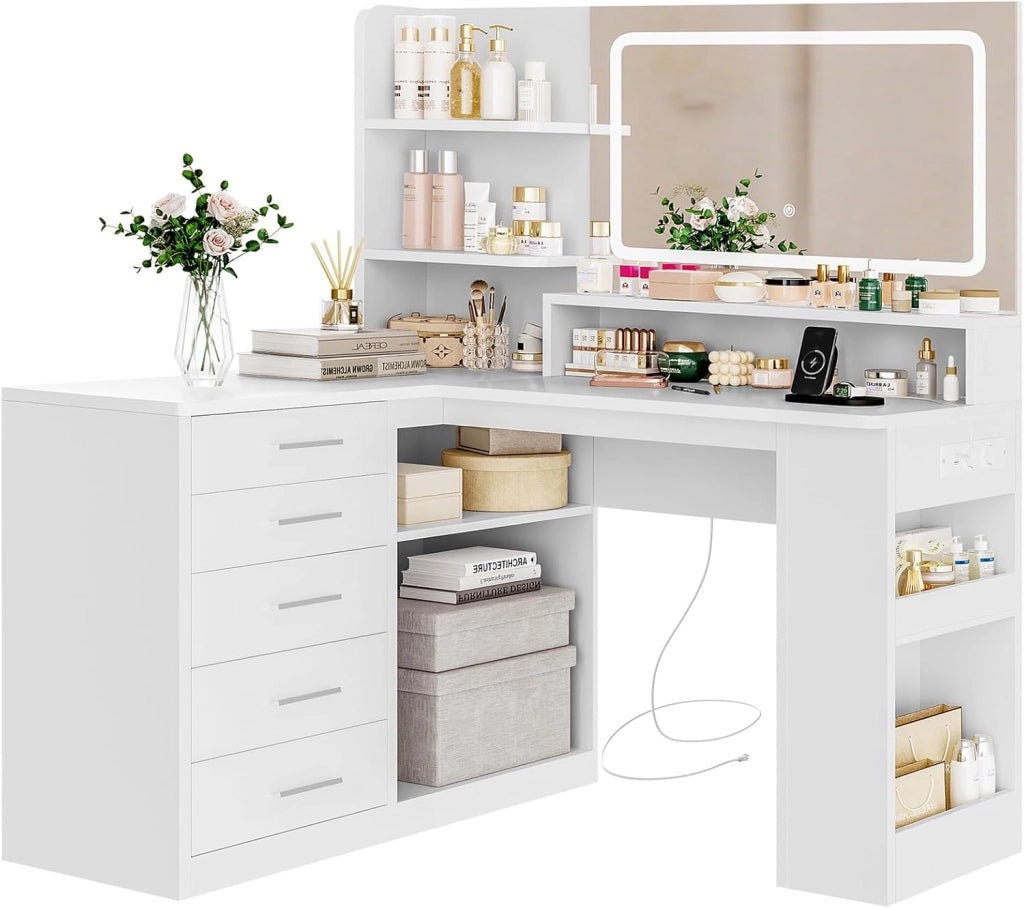 Toeletta da Trucco,Toeletta con Luci LED, 3 Colori Luminosità Regolabile, Postazione Trucco con Prese,Bianco, 5 Cassetti, 3Ripiani Aperti, Vano di Archiviazione Laterale
