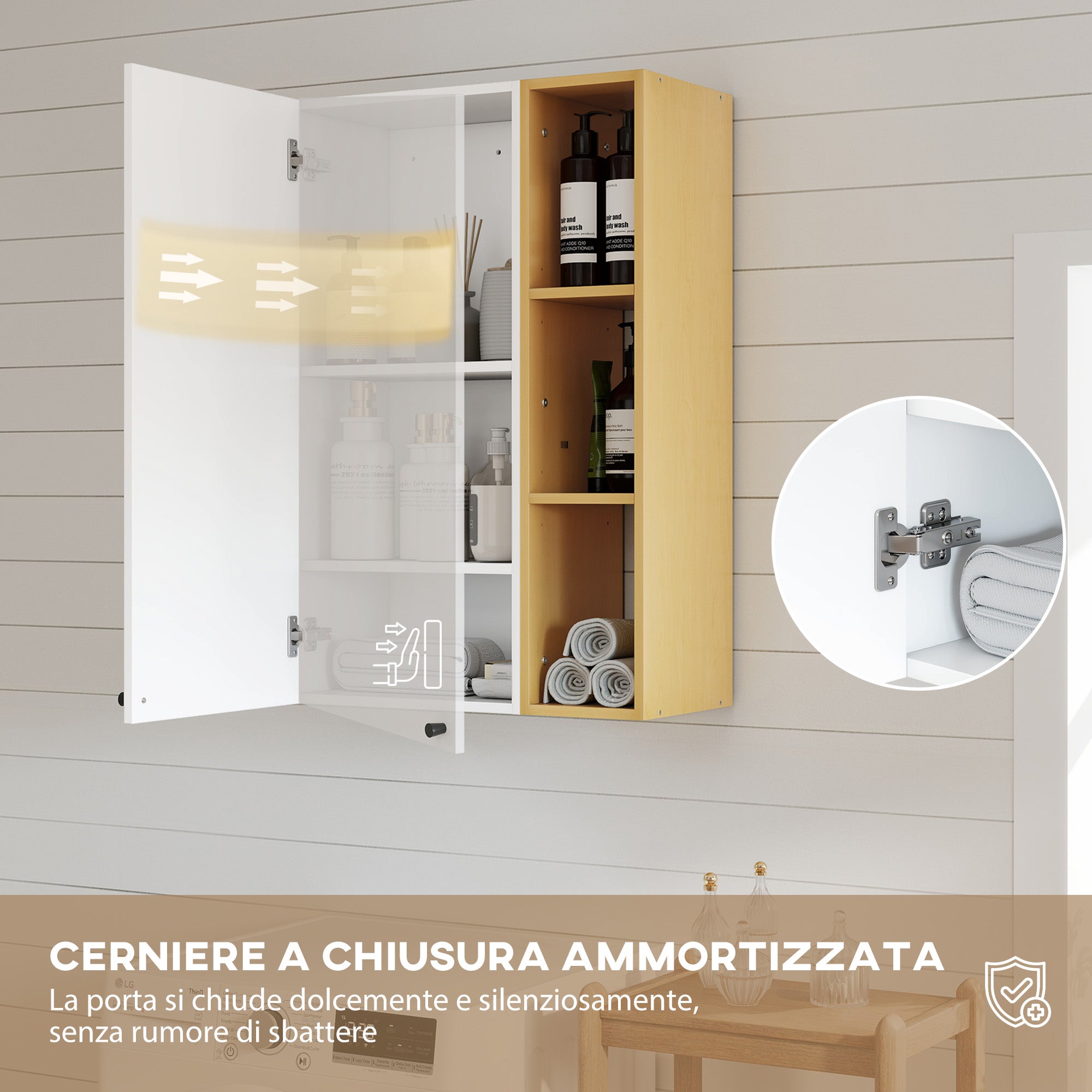 Armadietto Bagno a Parete 59,5x30x90 cm con Ripiani Regolabili e 3 Mensole Aperte Bianco e Legno