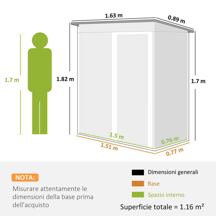 Capanno Box Attrezzi 163x89x182 cm con Tetto Inclinato e Porta Scorrevole in Acciaio e PP Grigio Chiaro
