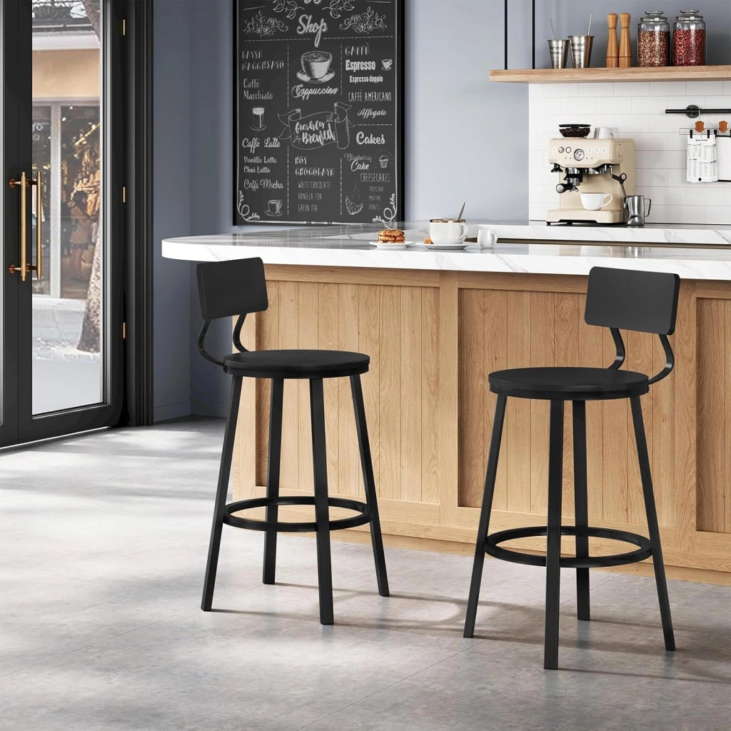 Sgabelli Cucina Set di 2, Sgabelli da Bar per Colazione, con Poggiapiedi e Schienale, Struttura in Metallo, Nero