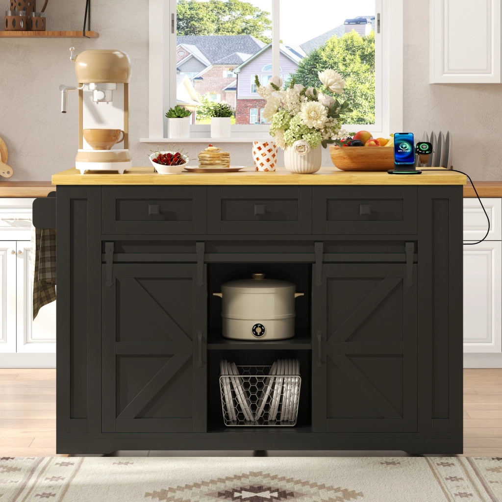 Carrello da cucina con piano pieghevole, 3 cassetti, prese integrate e ripiani, per cucina, 130 × 50 × 87 cm