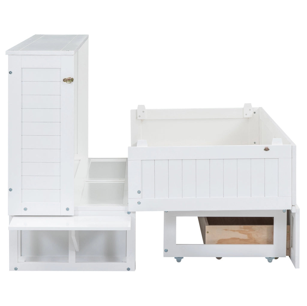 Letto a scomparsa mobile 140x200 cm con cassetti e piccolo scaffale laterale in legno bianco