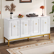Credenza bianca lucida con gambe in metallo dorato e ripiani regolabili per soggiorno, 140 × 40 × 80 cm