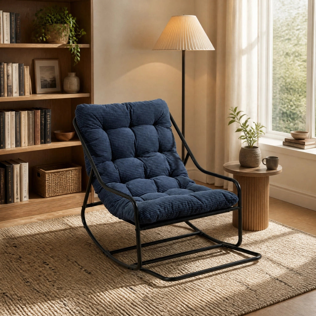 Sedia a dondolo con cuscino spesso in tessuto a coste blu navy, struttura in acciaio, 75 × 116 × 82 cm