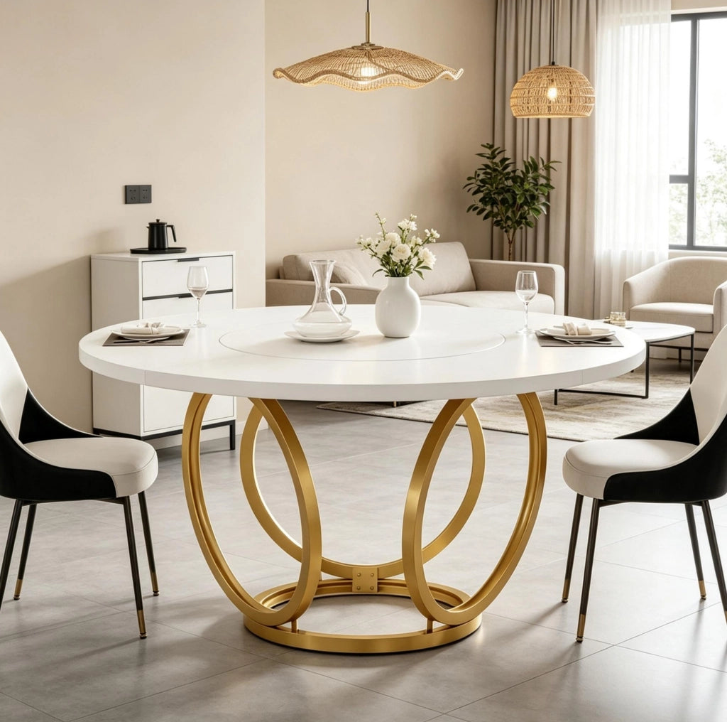 Tavolo da pranzo rotondo 120 cm bianco e oro