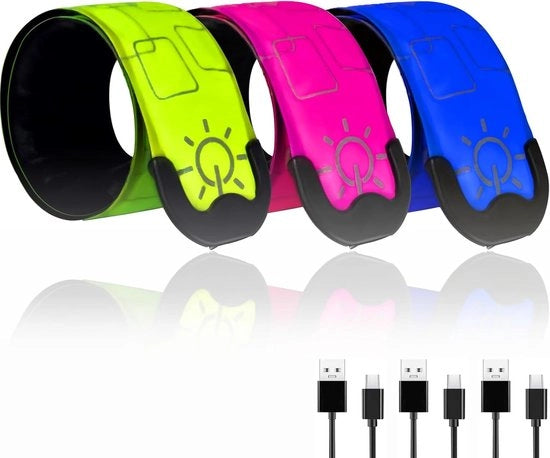 Armband di sicurezza LED con luce - Cintura luminosa ricaricabile - Cintura luminosa per bambini con riflessi - Striscia riflettente - Abbigliamento notturno per bicicletta, camminata, corsa e jogging - Alta visibilità - 3 pezzi