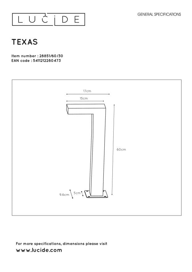 Lampione esterno Lucide Texas 60cm LED 3W 3000K IP54