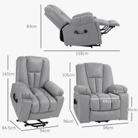 Poltrona Alzapersona Reclinabile con 8 Punti Massaggianti e Telecomando, in Microfibra, 94x96x106 cm, Grigio