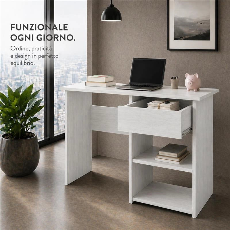 SCRIVANIA PER UFFICIO O CAMERA IN MDF COLOR BIANCO LEGNO CON CASSETTO E RIPIANI MISURE 88X45X75CM