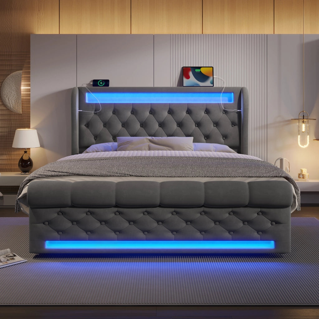 Letto Contenitore 140x200 cm; Letto Matrimoniale; LED; USB e Type-C; in Velluto; Grigio