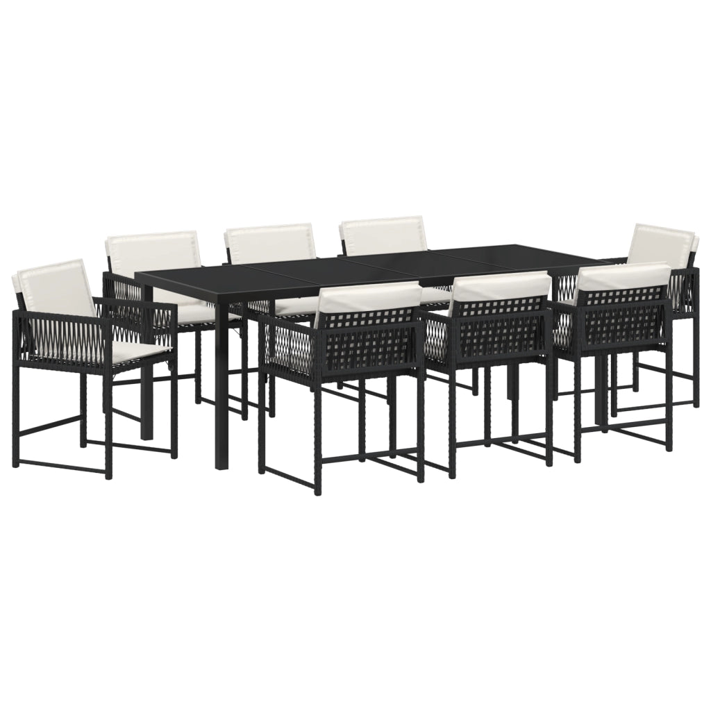 Set da pranzo da giardino 9 Pezzi con Cuscini Nero Rattan Poliestere