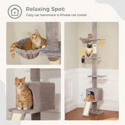 Krappaal adattabile da pavimento a soffitto, altezza regolabile (216-273cm), torre per gatti con lettino e grotta, anti-scalfittura grigio