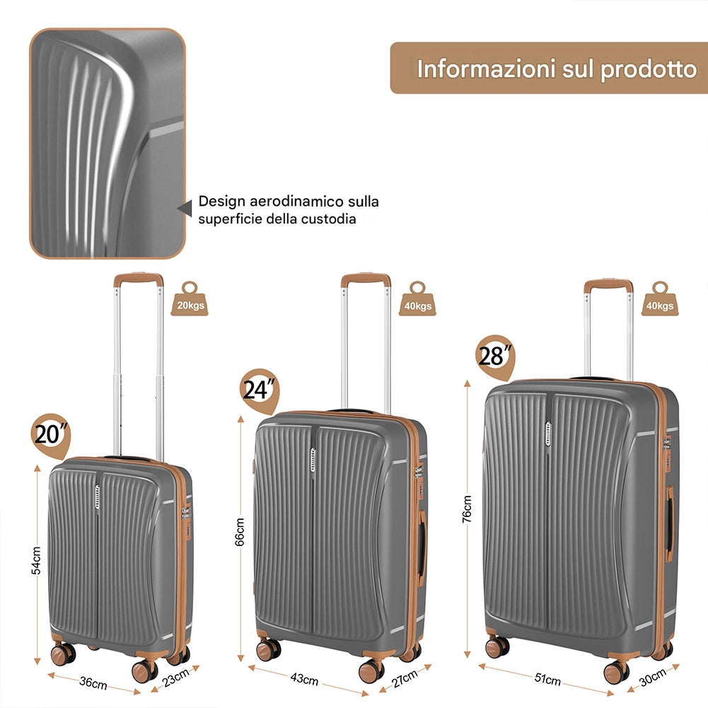 Set 3 Valigie Rigide 90-59-38L Ruote Easy Roll Manico Telescopico in ABS Grigio