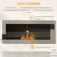 Camino Bioetanolo in Acciaio Inox, 2.5h di Combustione con Serbatoio 1.5L e Copertura 20m², 90x16x40 cm, Argento