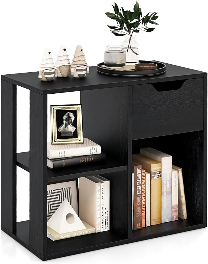 Libreria Scaffale, Libreria Bianco in Legno con Cassetto e 3 Cubi, 60 x 30 x 53 cm, Scaffale Multiuso per Soggiorno, Ingresso, Ufficio e Cameretta (Nero)