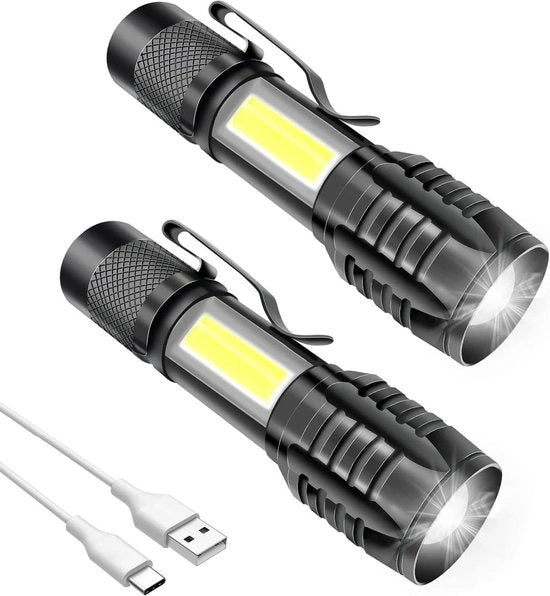 Lanterna Portatile Potente LED con COB - Acqua Resistenente - Zoomabile - 1000 mA - 2 pezzi