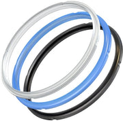 Set di 3 anelli di afdichting in silicone per pentola a vapore compatibili con Instant Pot, disponibili in nero, blu e trasparente.
