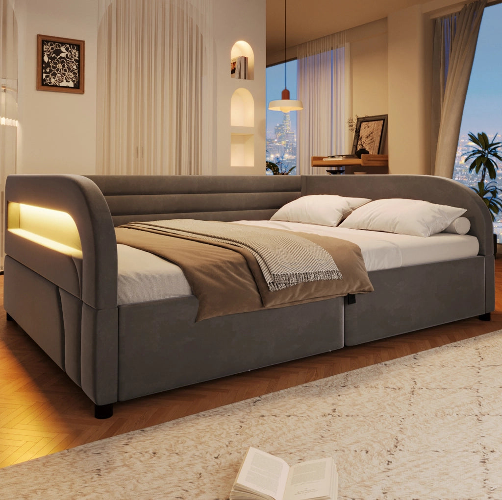 Letto imbottito 140x200 cm con contenitore idraulico e LED; grigio