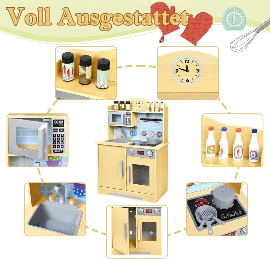 Cucina giocattolo per bambini in legno con piano cottura, forno a microonde, rubinetto, lavandino e accessori da cucina, giocattolo per bambini a partire dai 3 anni, 56 x 28,5 x 92 cm